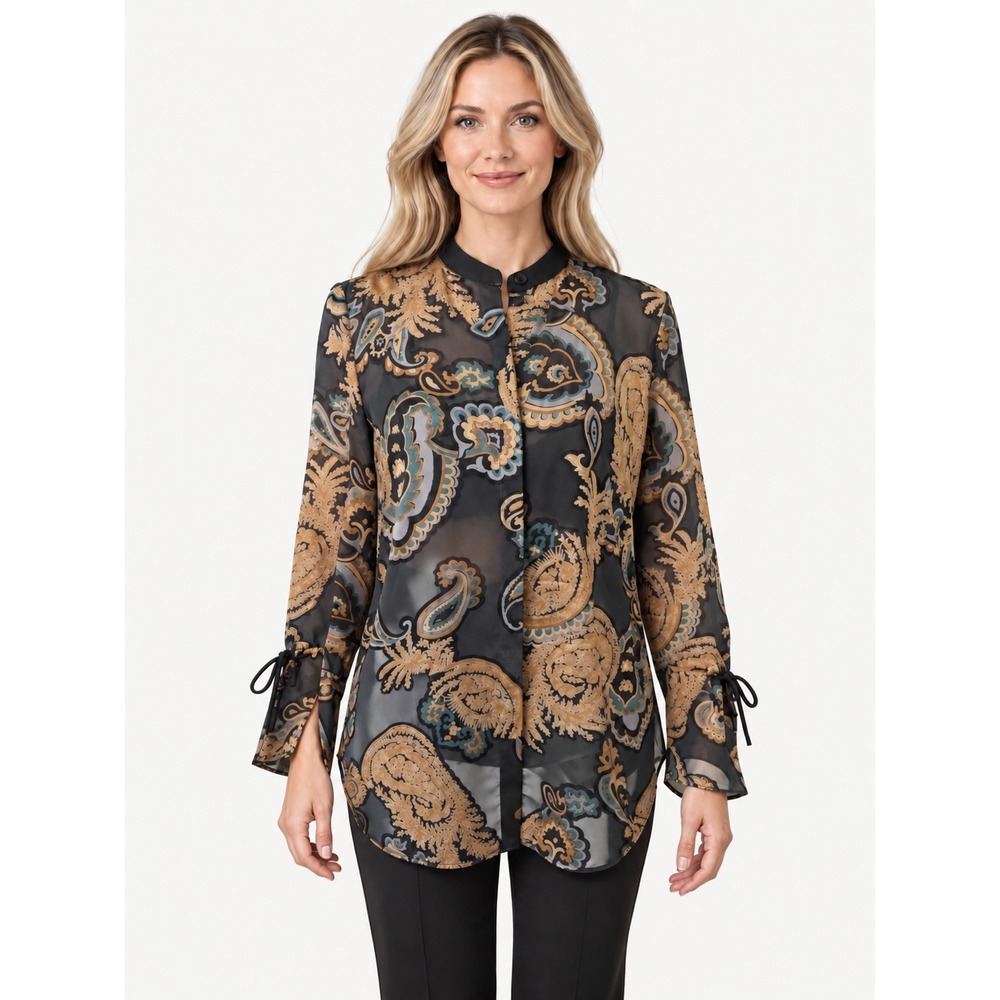 Lafayette 148 New York Paisley Sheer Tunic Blouse Tie Cuff Velvet Trim S NWOT